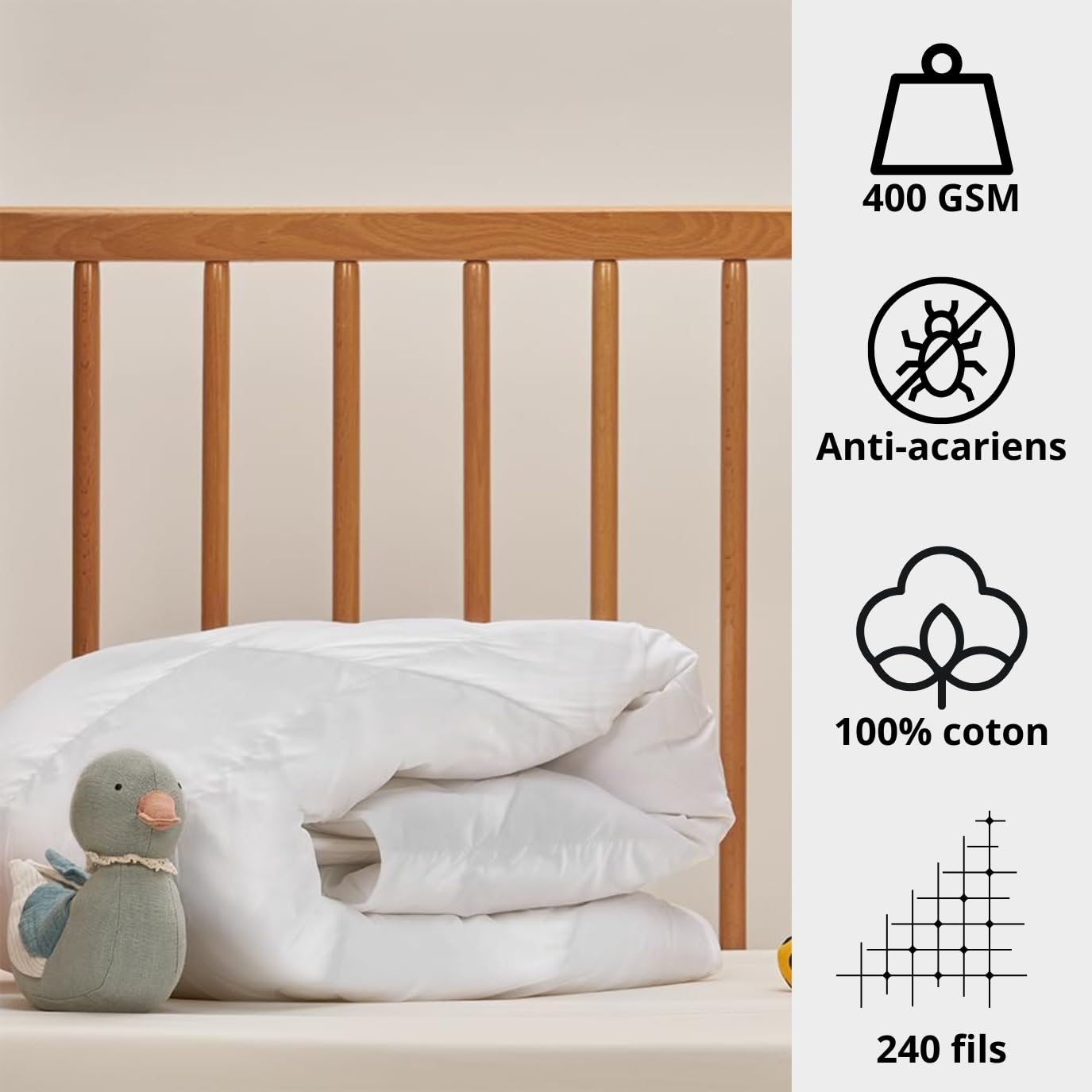 DECASATEXTIL Couette Bébé en Coton 100% - 400 GSM - Certifiée Oeko-TEX - Dimensions 100x130 cm, Idéale pour Lits Enfant et Bébé 60x120 - Antiacariens et Douce