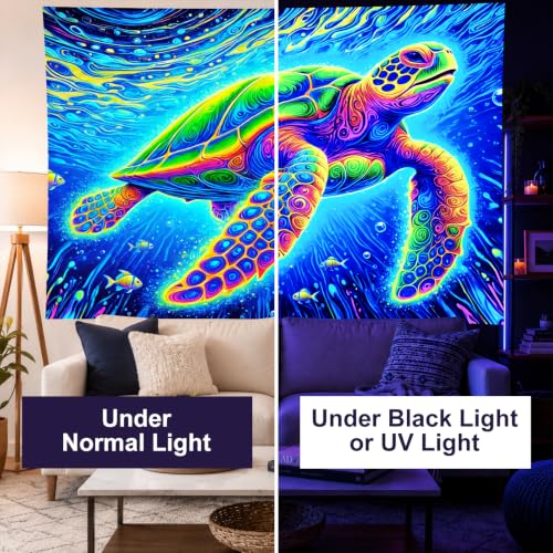 Image of BlissYard Blacklight Tapestry 78x59 Inch Sea Turtle Glow in the Dark Trippy Ocean Wall Art UV Reactive Neon Psychedelic Turtle Tapestry for Bedroom Dorm Party Wall Hanging Decor