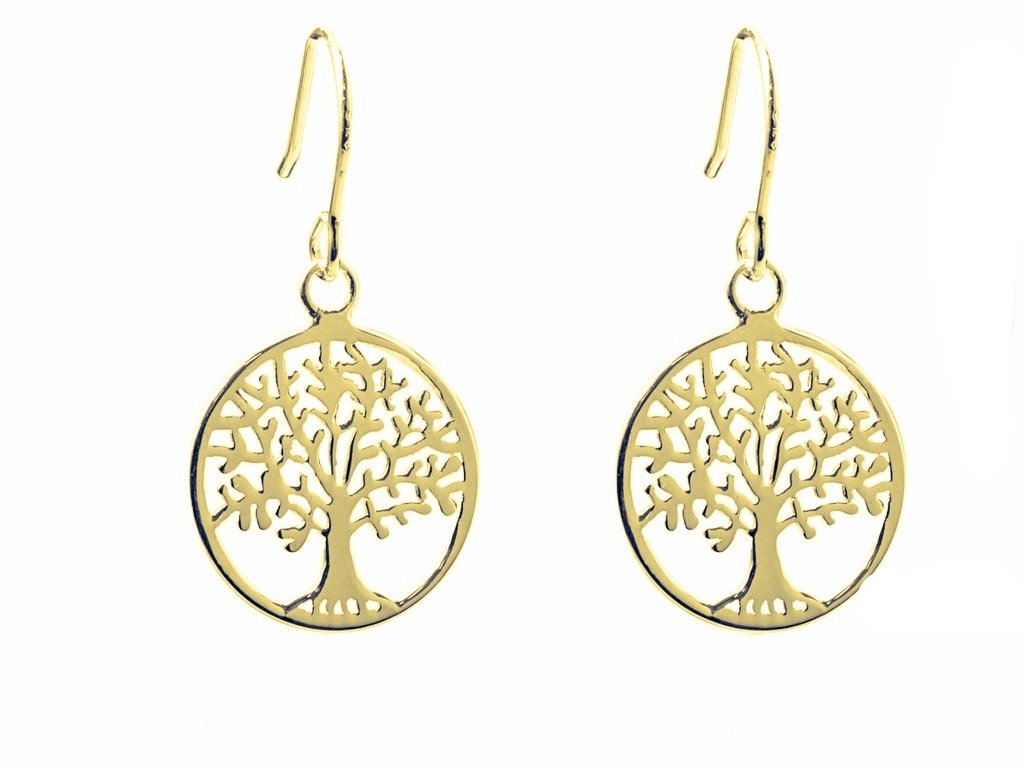 BRITISH 18K YELLOW GOLD VERMEIL SOLID 925 STERLING SILVER PAIR OF TREE OF LIFE EARRINGS