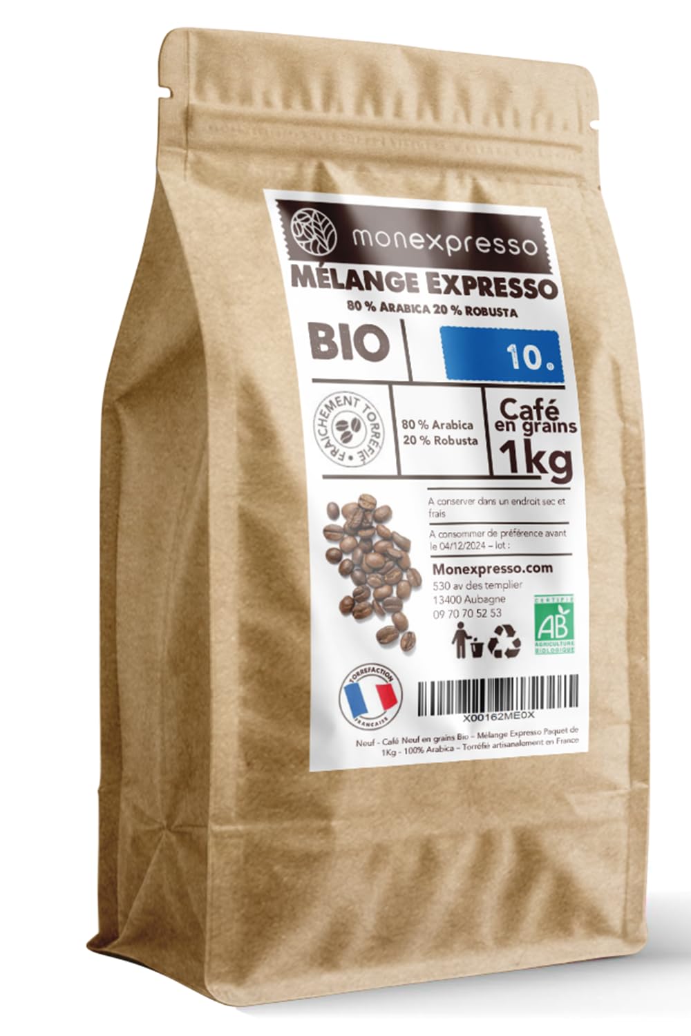 Café Grain Bio 80% Arabica 20% Robusta Paquet de 1 Kg avec Zip Mélange Expresso Torréfié Artisanalement en France 100% Agriculture Biologique Café de Qualité Satisfait ou Remboursé