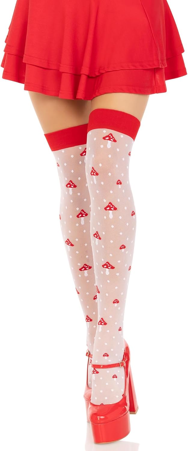 Leg Avenue Spandex Sheer Polka Dot Mushroom Thigh Highs, O/S, WH/RD