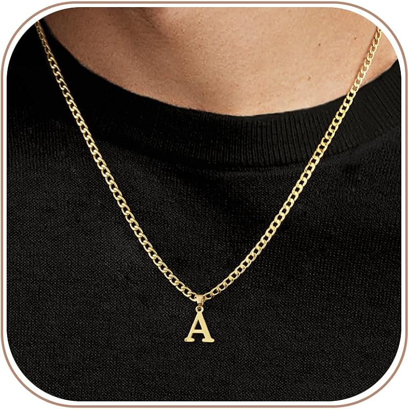 Gold Plated Initial Necklace for Men Letter Pendant Cuban Link Chain | Stainless Steel 4mm 20 Inch Chain Non Tarnish 14K A-Z Capital Name Charm Custom Jewelry Gift