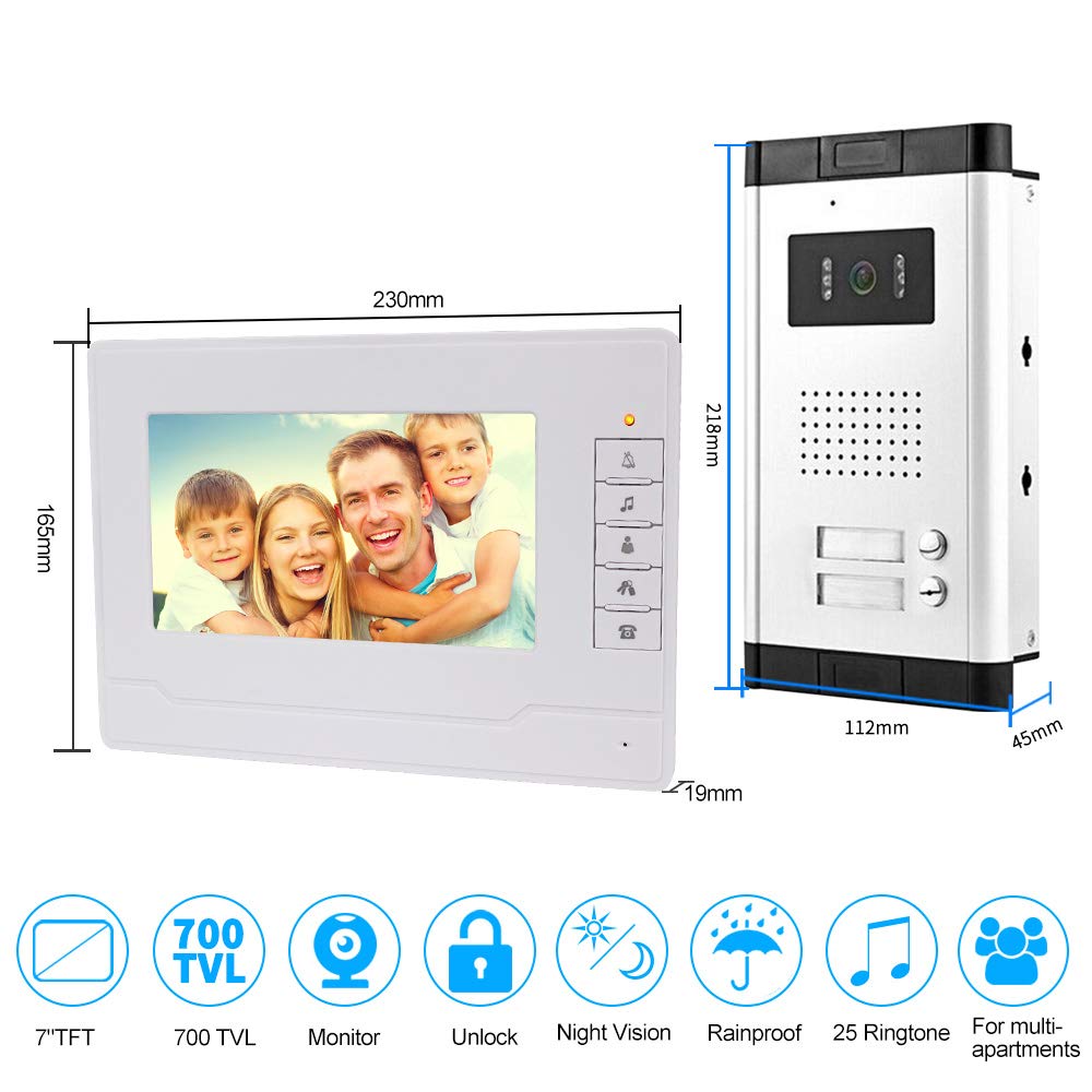Videocitofono campanello citofono Kit sistema 7 pollici chiaro display IR Solo movimento porta visione notturna campanello 2 monitor per casa/appartamenti