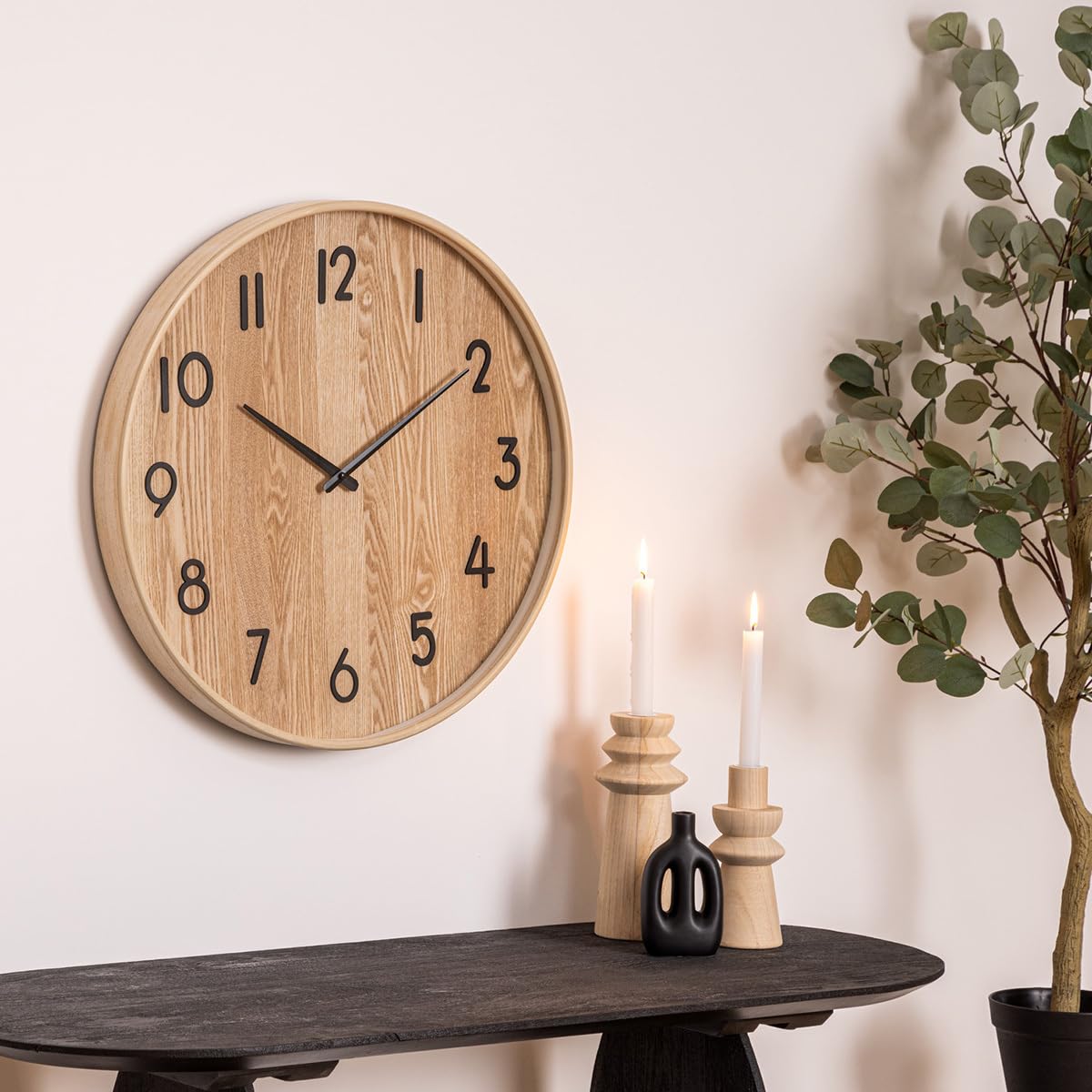 Pendule Murale en Bois Marron Clair et Verre D 55 cm - Atmosphera