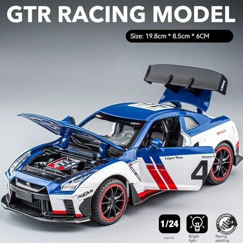 Image of 1:24 Scale Niss-aan Skyline Ares GTR R-35 Model Alloy Metal Pull Back Toy car for Kids with Openable Doors & Light, Music Toy Vehicle for Kids (Nissaan Skyline Ares GTR R-35 (Blue))