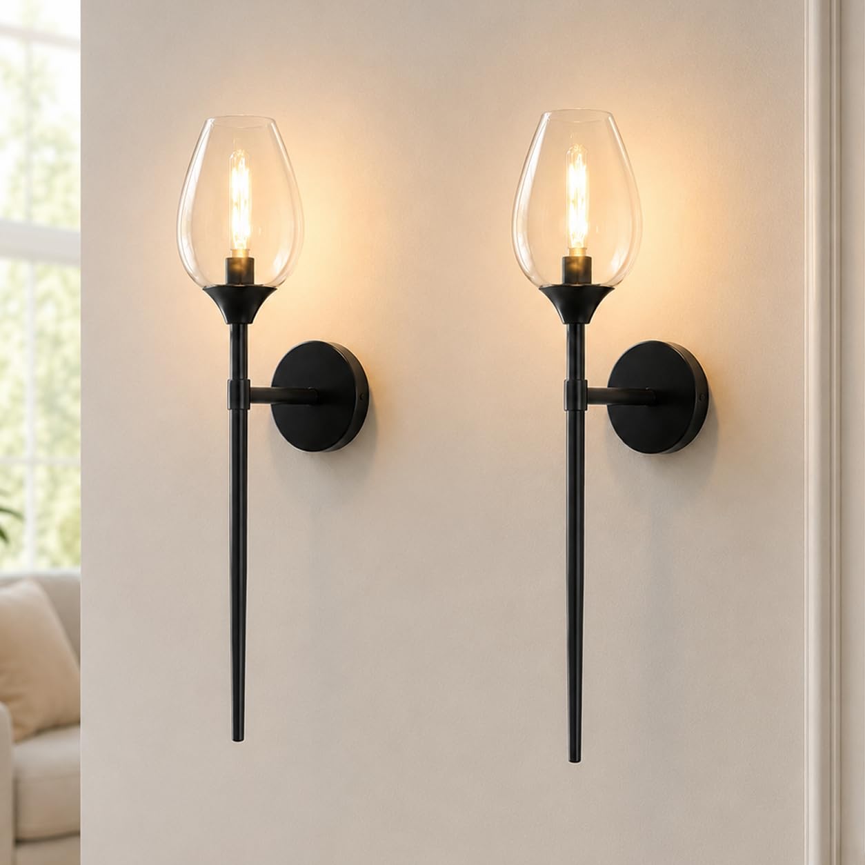 Wandleuchte Innen Glas Modern Weinglas E14 Schwarz Tulpenform | Verkabelte Wandleuchte mit Warmweiß-Leuchtmittel, für Spiegel, Badezimmer, Wohnzimmer, Schlafzimmer und Flur