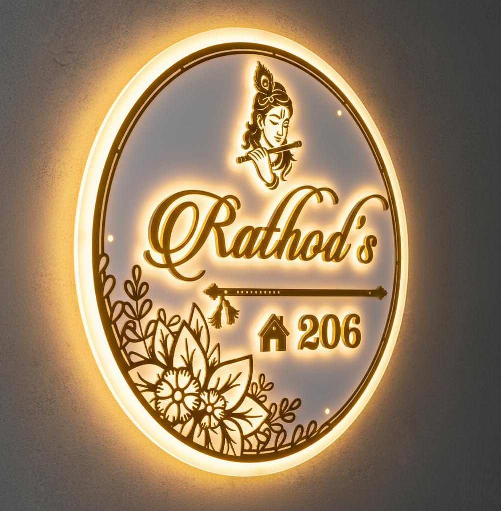 Aarushi Creations Acrylic Personalized Home Door Name Plate with LED Light - 3 Year Warranty - 10 Year Design Life - Acrylic Embossed letters, Mirror shine, White, Sun & Rain Suitable (Size 12 In Dia Round 3 mm)-picture-15