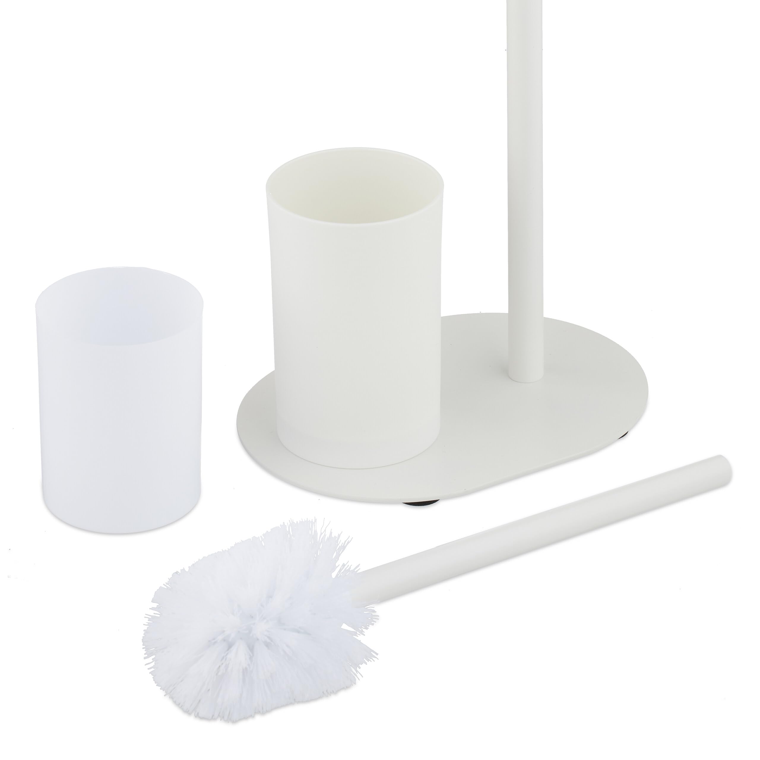 Juego de baño Relaxdays, H x An x F: 64,5 x 23 x 17 cm, Metal, portarrollos de pie con escobilla, Soporte WC, Blanco