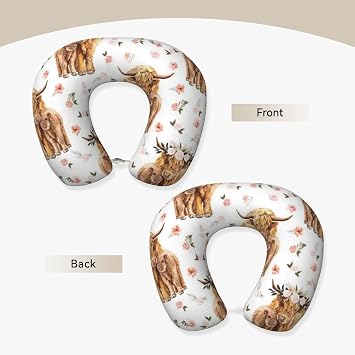 Spring Pink Floral Scottish Highland Cow,Memory Foam Travel Pillow Airplane Neck Pillow Car Home Office Camping