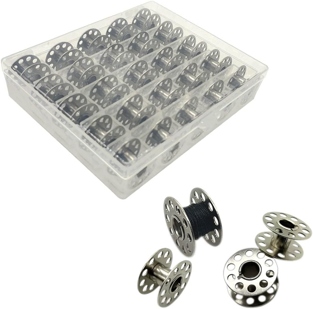 A pack of clear plastic sewing machine bobbins