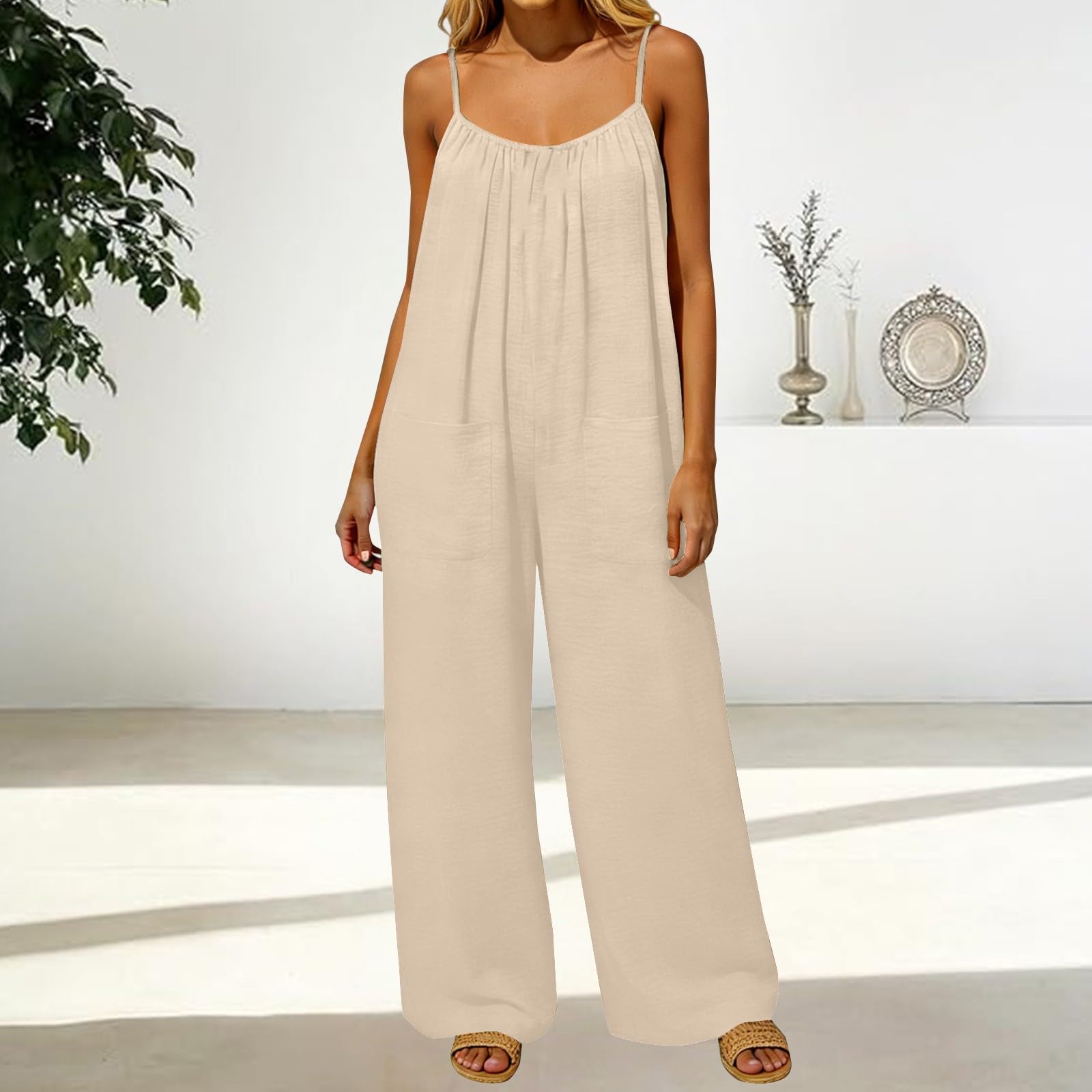 Tuta da donna elegante con spalline sottili, schiena scoperta | Salopette senza maniche, leggera e confortevole, a gamba larga, da lavoro, tinta unita, casual, per le vacanze