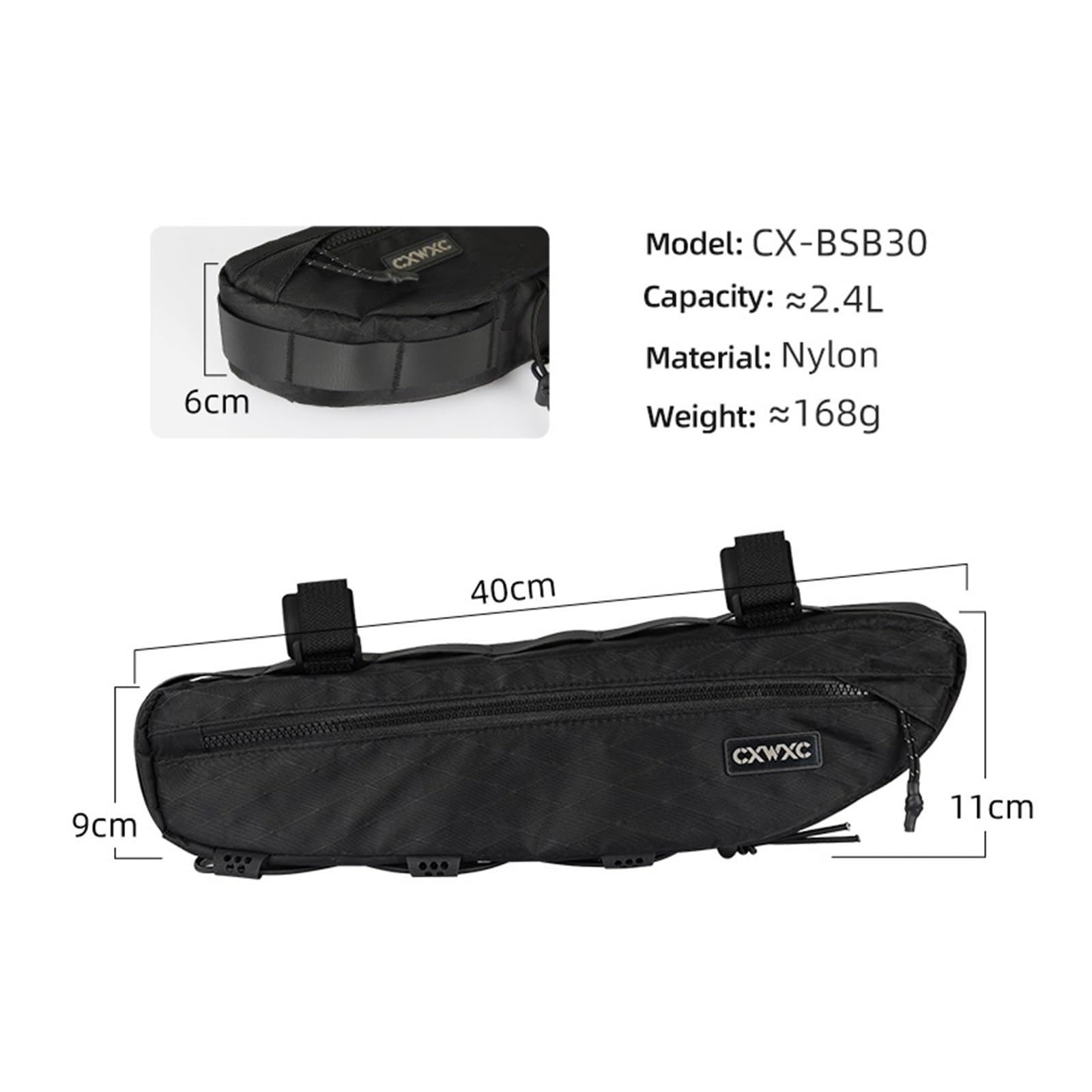 Borsa for telaio triangolare for bicicletta di grande capacità da 1 pezzo da 2,4 litri