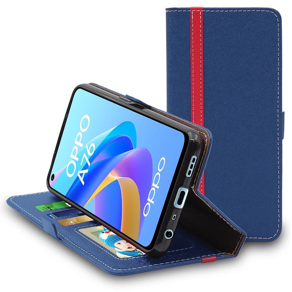 EbestStar Cover Per Oppo A94 5G - Custodia Libro Portafoglio In PU + Vetro Temperato, Blu/Rosso - 2