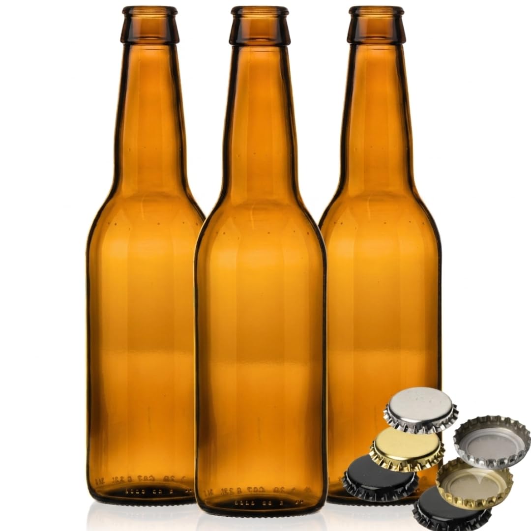 330ml Amber Glass Beer Bottles with 26mm Silver Crown Caps (12 Pack) | Homebrew Bottling for Ale, Lager, IPA & Cider | J&B
