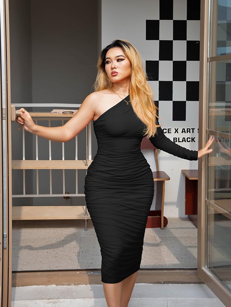 LAGSHIAN Women's Elegant Bodycon One Shoulder Long Sleeve Ruched Midi Cocktail Party Dress - Image 3