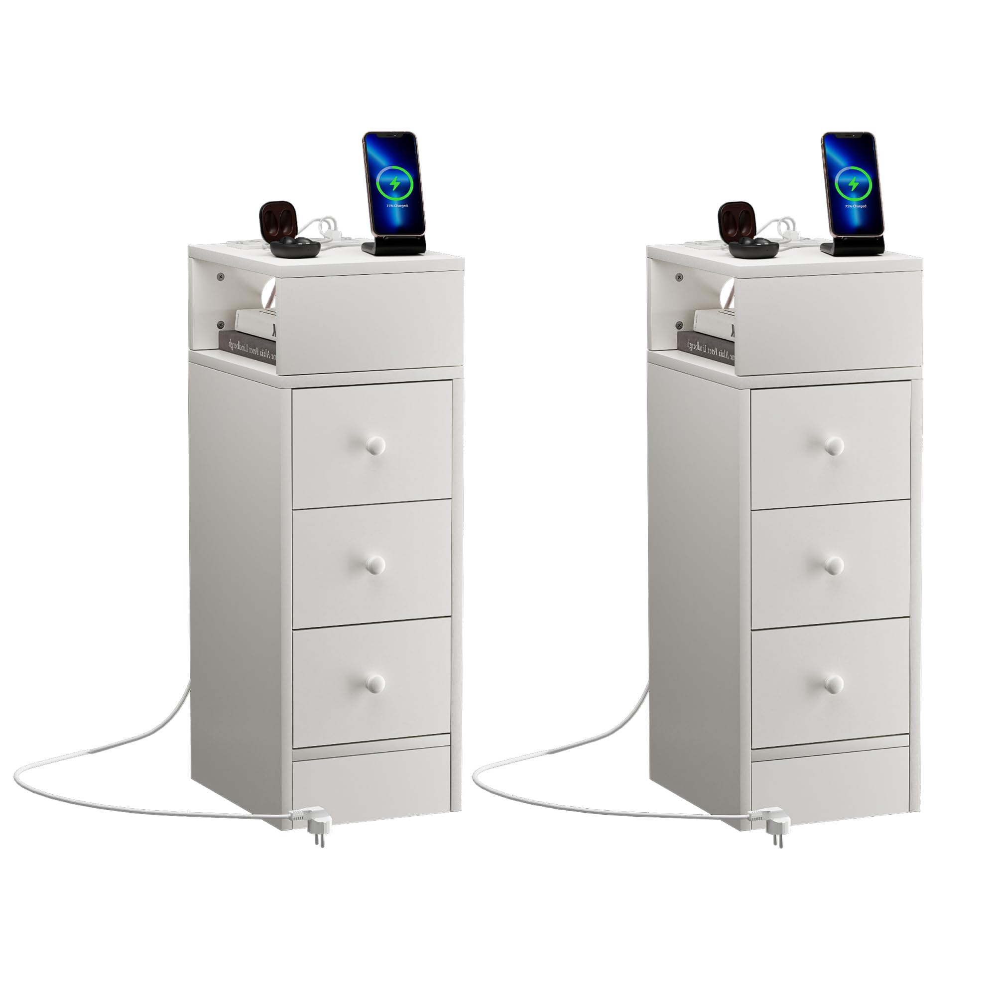 Ztexkee Slim Bedside Tables Set of 2 with Power Socket Side End Tables Narrow Nightstand with 3 Drawers and 1 Compartment Bedside Table for Bedroom, Living Room White