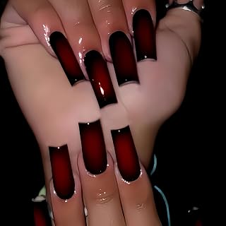 MERVF Long Square Press on Nails Red Aura Fake Nail Black Gradient Glue ons Gothic Squoval Acrylic Dark Art Manicure Supplies Glossy 24pcs