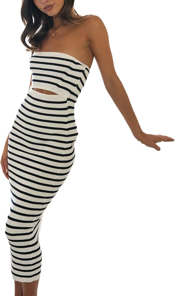 steady black and white striped ribbed strapless midi dress Amazon.com: Usweetie Women Summer Striped Strapless Bodycon Knit Tube Top  Dress L : Clothing, Shoes & Jewelry