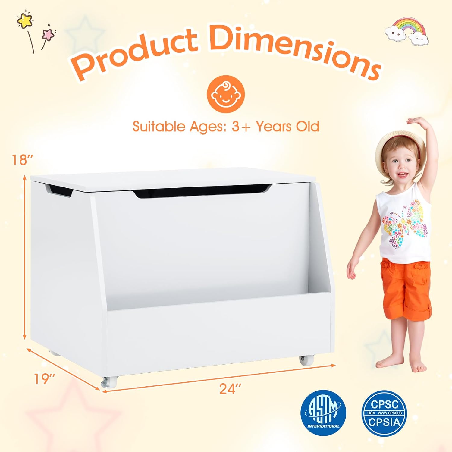 HONEY JOY Kids Wooden Toy Box, 3-in-1 Large Toy Trunk Chest w/4 Wheels, Bookshelf, Flip-Top Lid, Gas Strut & Cut-out Handle, Toddler Storage Bench for Playroom Bedroom, Gift for Kids Age 3+ (White)