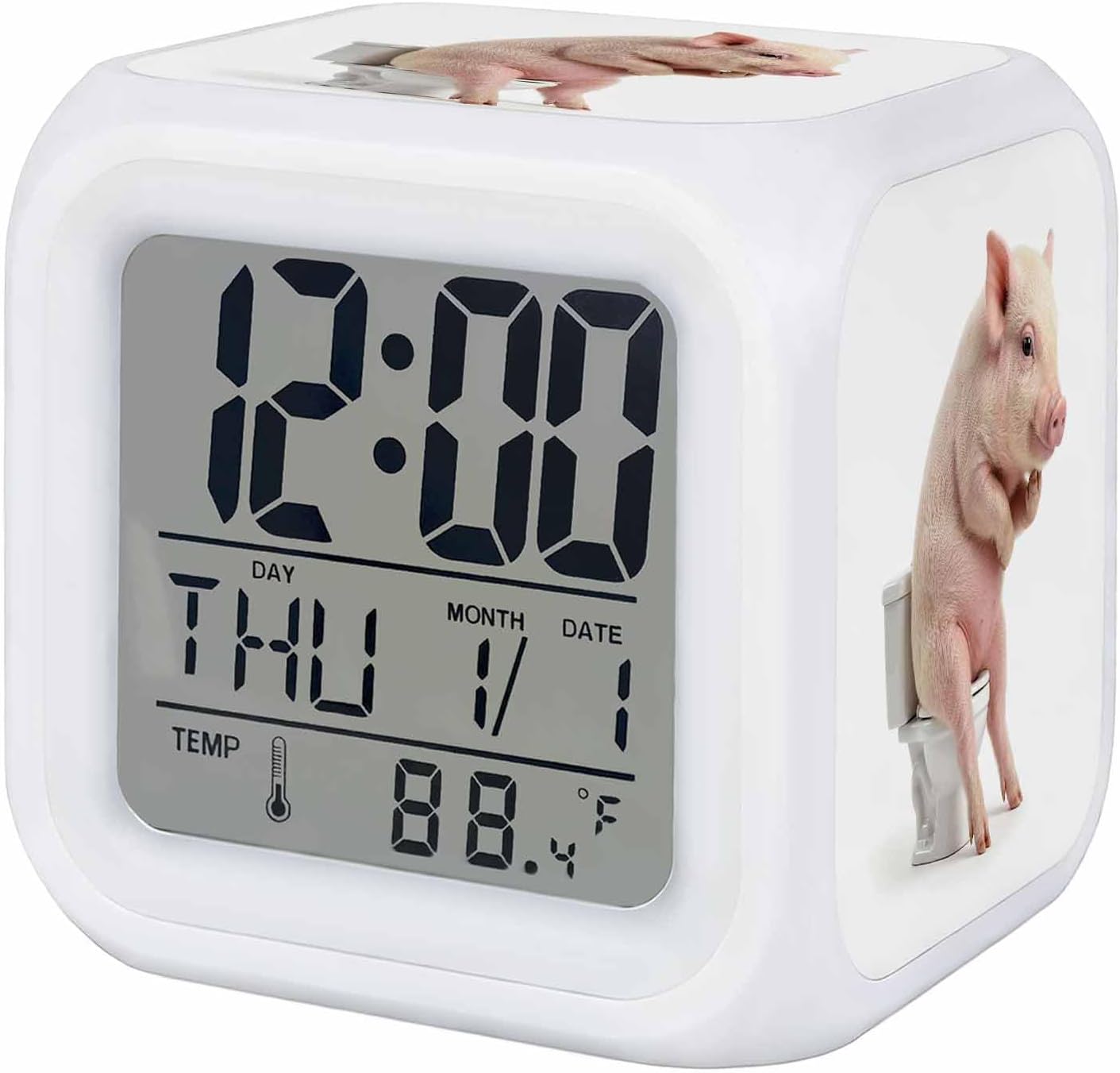 Pig Sitting on The Toilet Thinking Alarm Clock, Abstract Funny Animal Digital Clock Night Light with 7 Color, Calendar Temperature Display, NightLight Clock for Bedroom, 3.2x3.2in