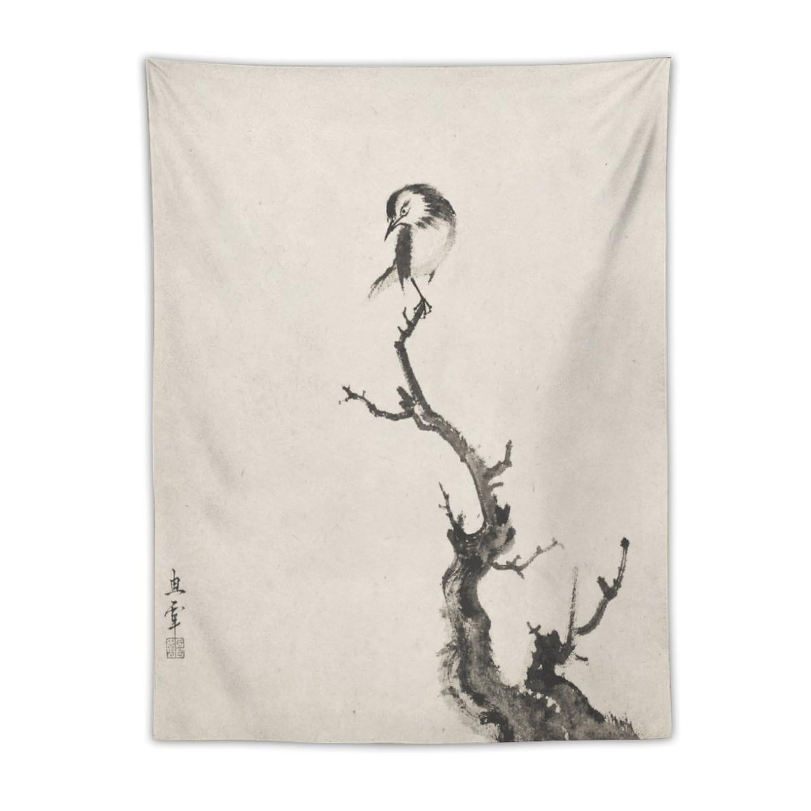 H3B8U2Y5 Ink Bird on Branch Wall Tapestry, Asian Ink Style, Backdrop