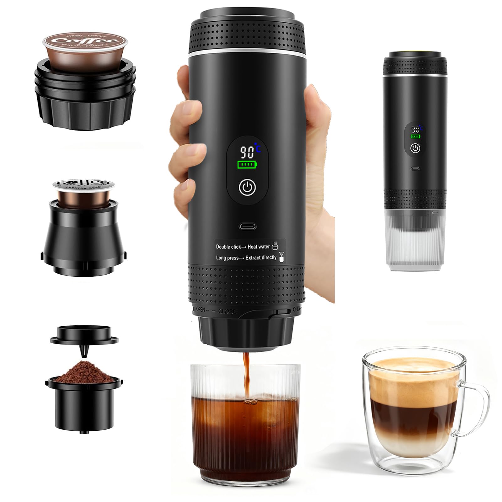 Cafetera Espresso Portátil, 3 en 1 Máquina de Café Eléctrica Compatible con Cápsulas Nespresso & Café Molido, Autocalentamiento, USB Recargable, Presión de 25 Bar, para Viajes Camping Coche Oficina