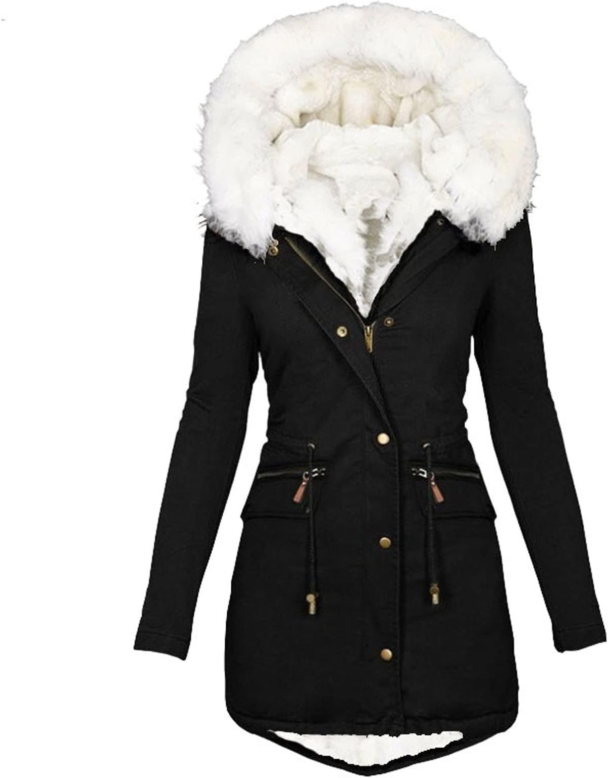 Winter Coats for Women Uk Plus Size Winter Warm Hooded Jacket Long Thicken Warm Fleece Lined Jacket Women Parka Jackets Zip Up Outerwear with Trim Fuffly Hood Packet Outdoor Outerwear