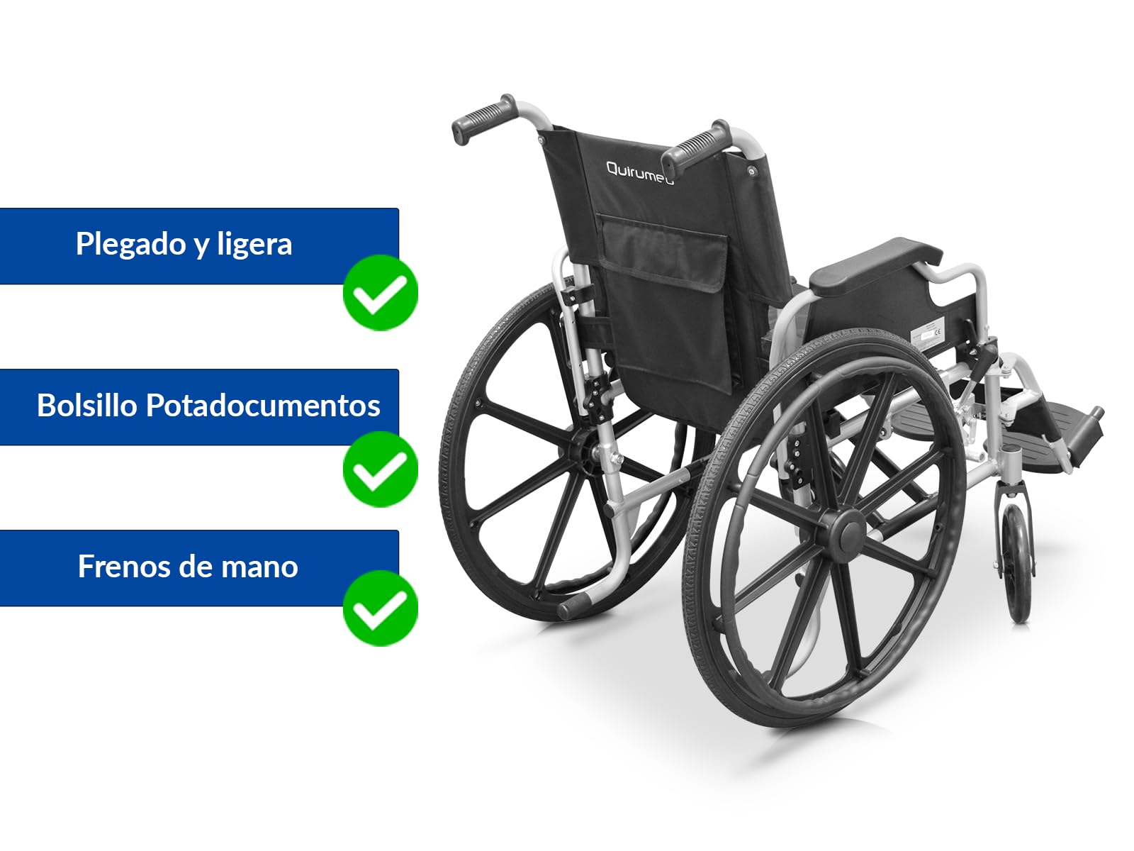 QUIRUMED Silla de ruedas de aluminio, Plegable, Asiento 48 cm, Reposabrazos abatibles y desmontables, Reposapiés abatibles, Frenos de mano, Para mayores, Para minusválidos