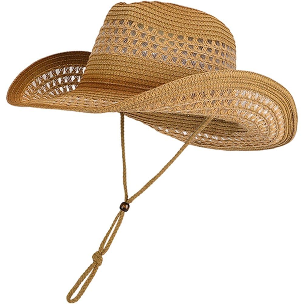Sslvya Straw Cowboy Hat for Women Men Wide Brim Beach Sun Hat with Chin Strap Breathable Western Cowgirl Cap for Outdoor Travel