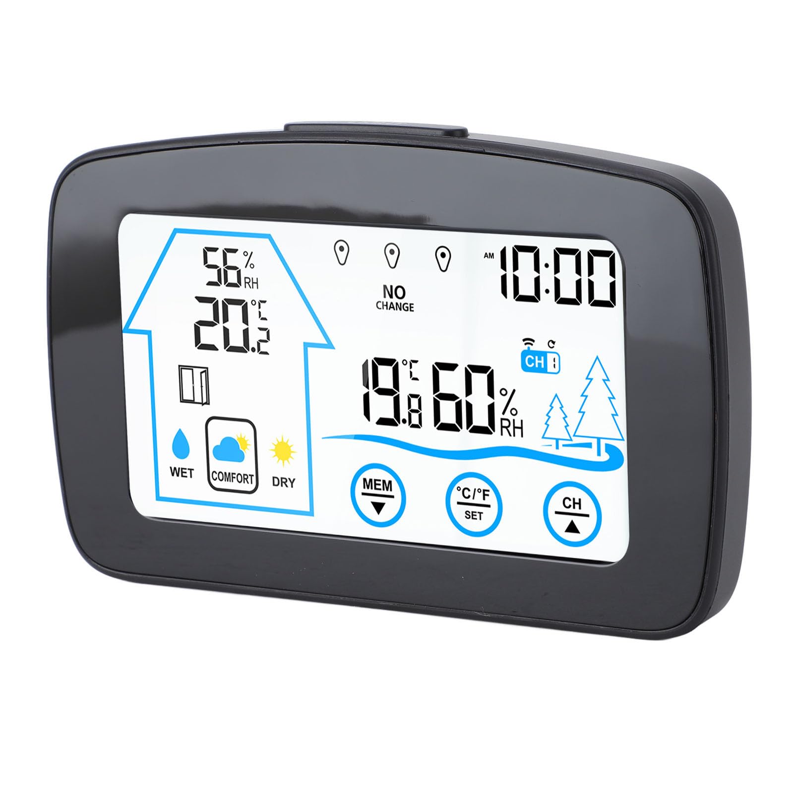 Hygrometer, Thermometer, Hintergrundbeleuchtung, Touchscreen-Taste, Wettervorhersage, Temperatur, Luftfeuchtigkeit, Messgerät für drinnen und draußen, Wohnzimmer, Schlafzim (Schwarz)