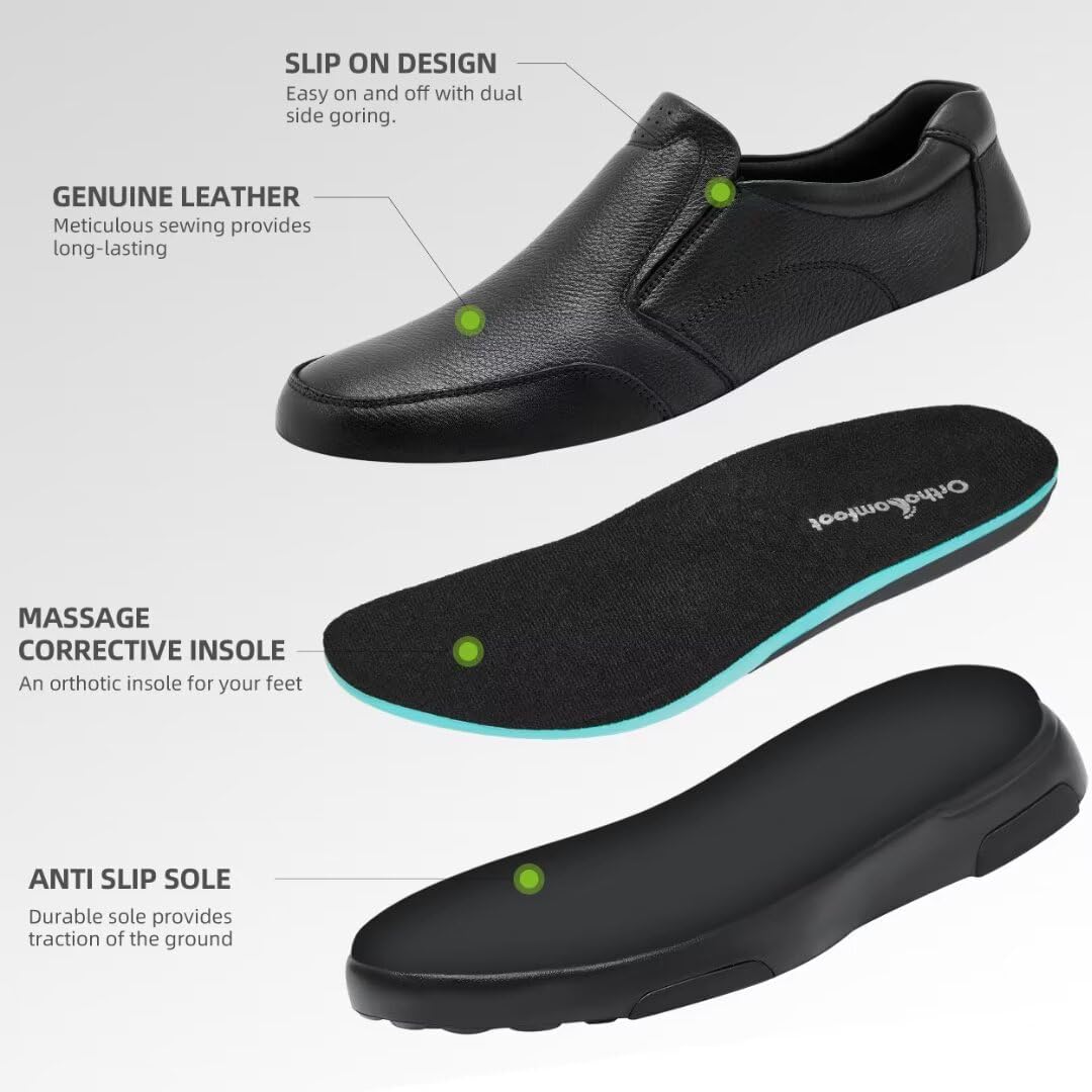OrthoComfoot Men's Orthopedic Leather Dress Walking Shoes: Comfortable Plantar Fasciitis Oxfords with Arch Support, Business Diabetic Slip-On Loafers for Foot and Heel Pain Relief - Image 6