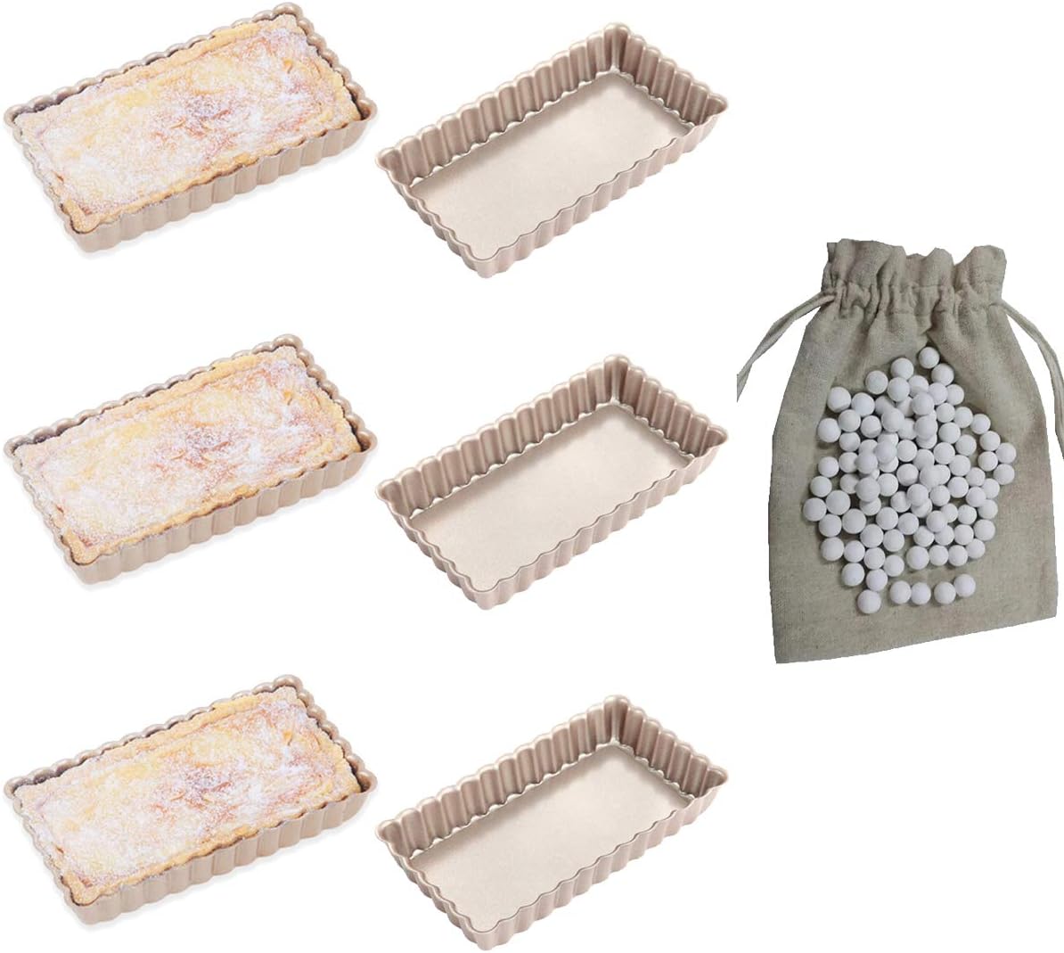 CANDeal 7pcs Tarts, Rectangular Quiches & Dessert Baking Set, 6x Removable Bottom Tart Pans with 500g Ceramic Pie Weight, Non-Stick, Sturdy Baking Molds for Oven Baking