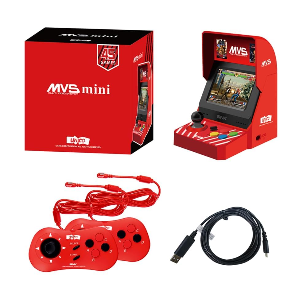 UNICO MVS Mini Arcade & 2*Jeu de manettes rouges [câble HDMI inclus], préinstallé avec 45 jeux SNK sous licence officielle, cadeaux pour adultes et enfants