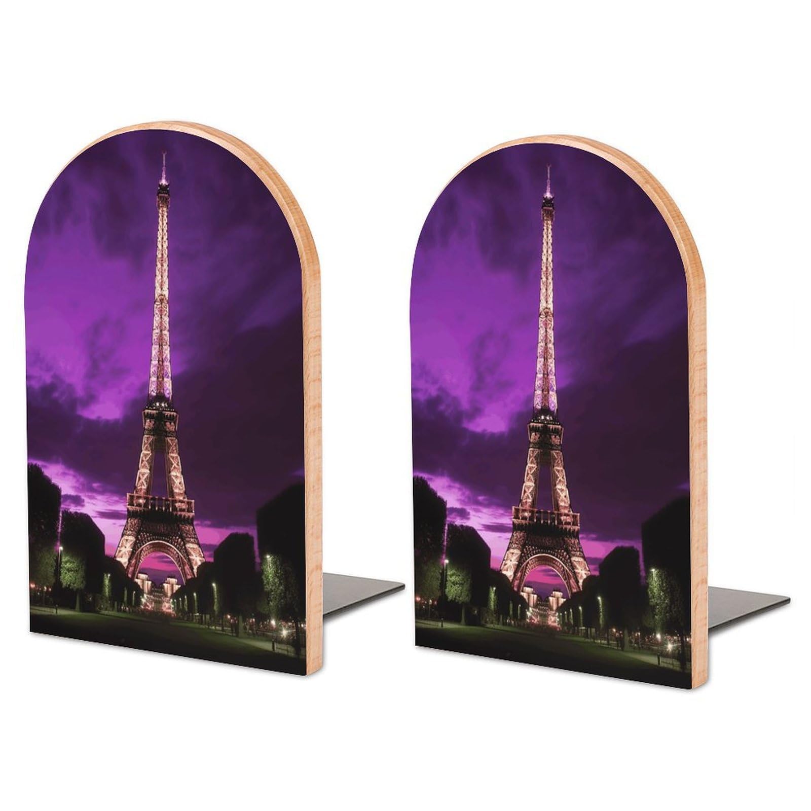Purple Eiffel Tower Bookend for Shelves Wooden Book End Large Size Sturdy Book Holders Stoppers with Metal Base for Bookshelves Slick Decorative Bookends Stands