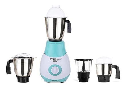SilentPowerSunmeet Riaa 600W Mixer Grinder with 3 Stainless Steel Jars and Chopper Jar (1 Wet Jar, 1 Dry Jar and 1 Chutney Jar), Green-White.Make in India(ISI Certified)