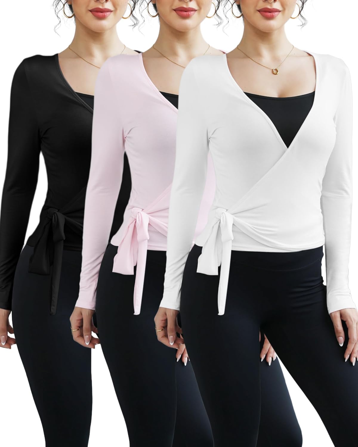 3 Pack Women Ballet Pilates Wrap Tops Y2K Workout Yoga Wrap Shirts Dance Long Sleeve Tie Front Crop Going Out Tops