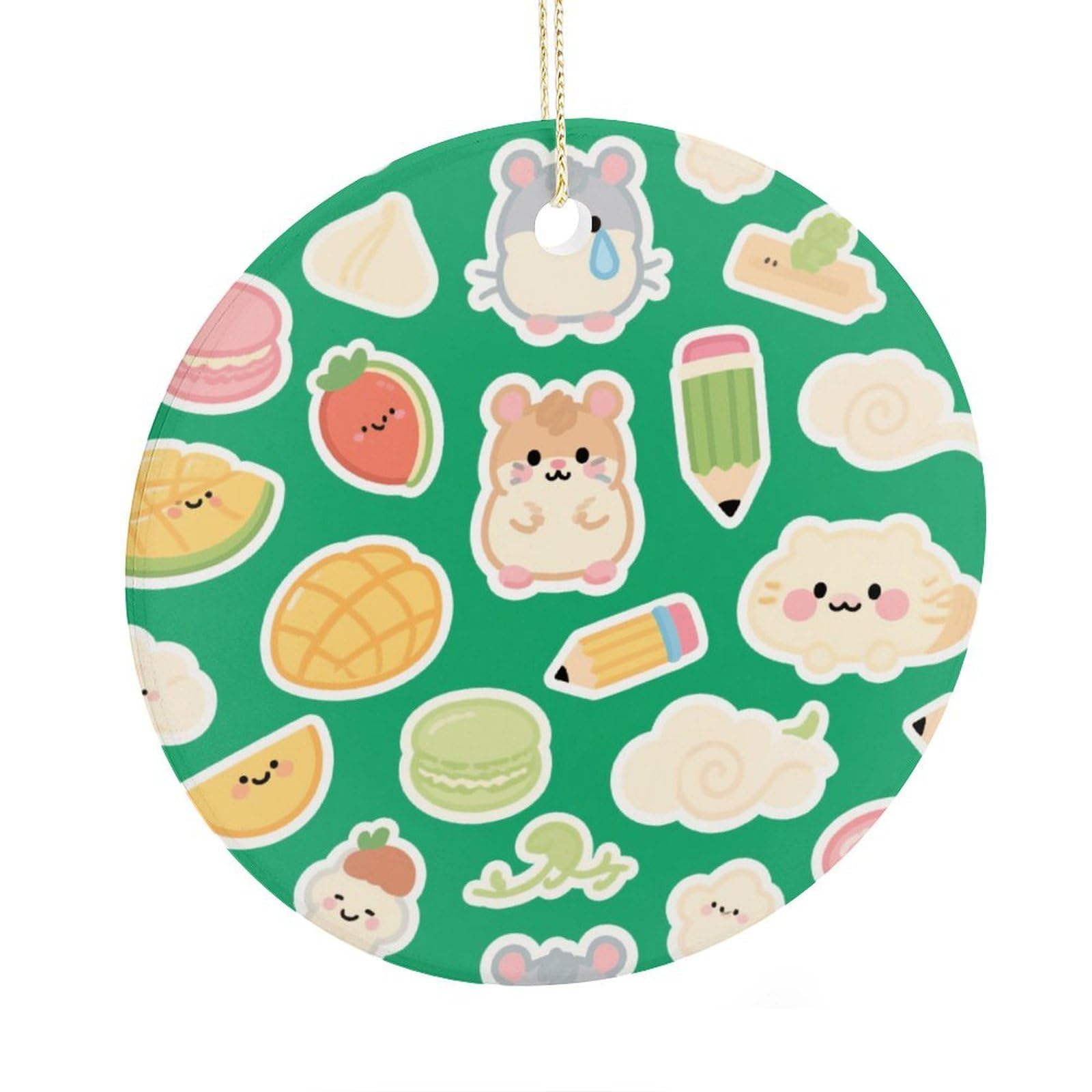 Fekiloot Style Green Hamster Fruit Christmas Ornaments 2.9 Inch Round Ceramic Ornament Keepsake Thank You Gifts For Office, Room, Home - Holiday Present Ideas