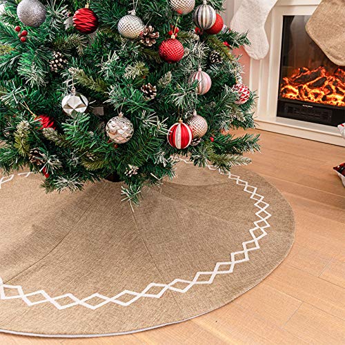 Deggodech 122cm Gonne Albero di Natale in Tela di Iuta con Ricamo Bianco Iuta Tappeto per Alberi di Natale Copertura della Base per Decorazioni Natalizia -48pollici