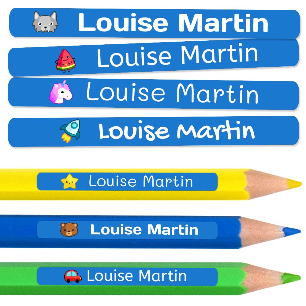 150 Pegatinas personalizadas para la escuela y la guardería. Etiquetas adhesivas de vinilo impermeables de colores para marcar lápices y bolígrafos. Dimensiones 46 x 6 mm