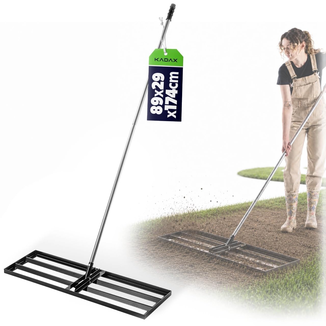 KADAX Rascador de césped 89 x 29 cm con mango, rastrillo de nivelación para el cuidado del césped, para nivelar el suelo, nivelador de césped de metal, nivelador de superficies