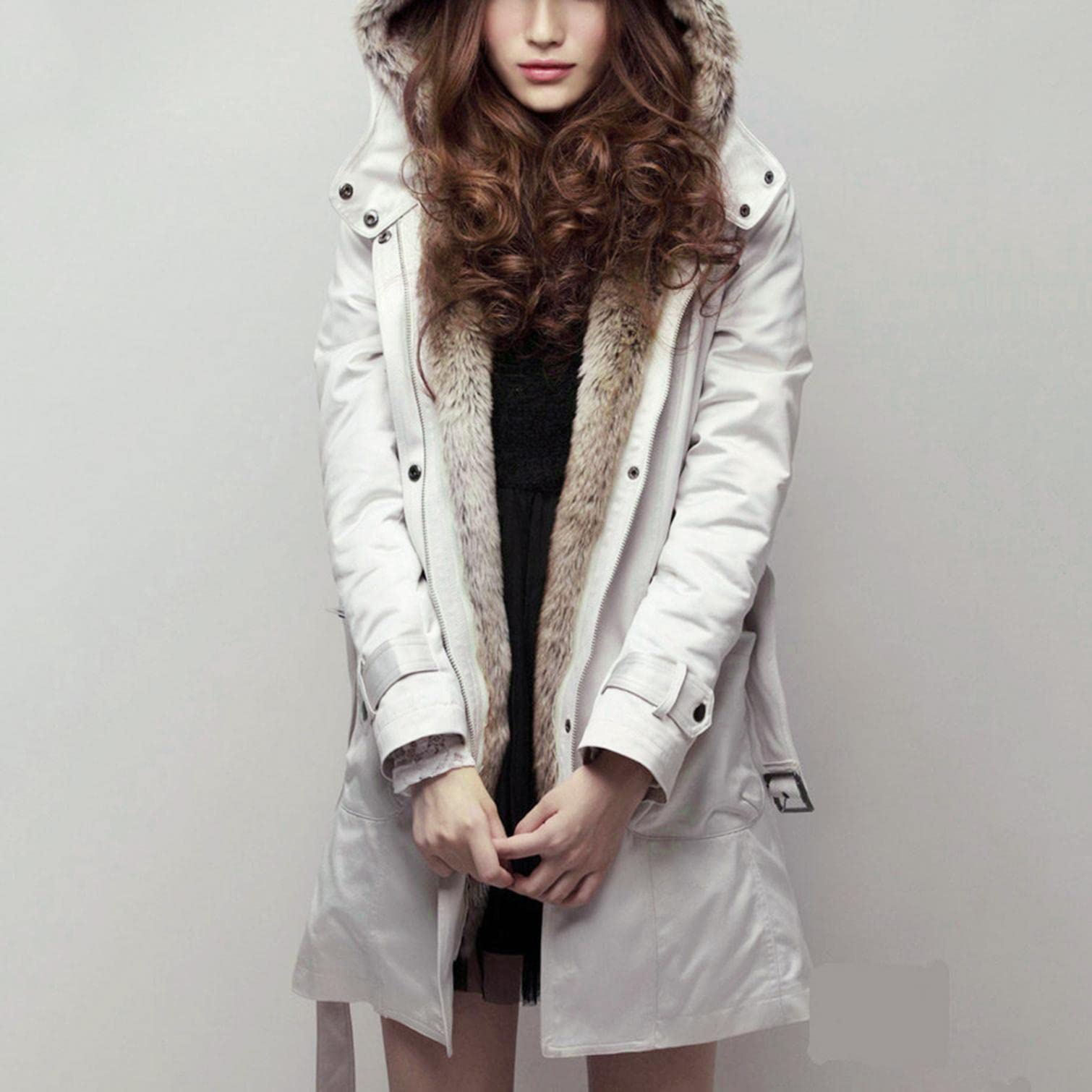 Damen Daunenmantel Lang Winterjacke Kunstfell Kapuze Jacke Felljacke Warm Fleece Gefütterte Daunenjacke Wintermantel Kapuzemantel