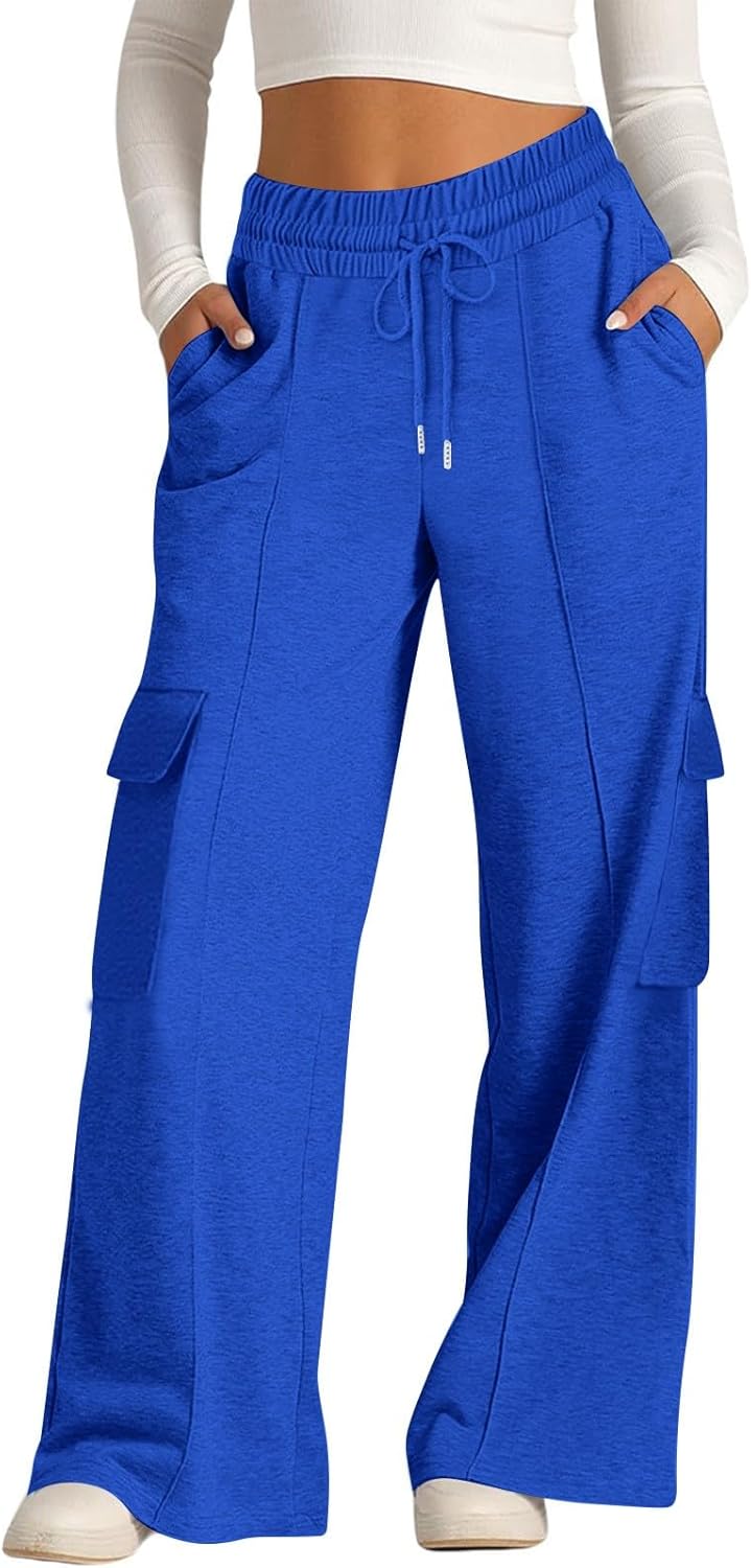 Cargo Sweatpants for Women Drawstring High Waist Wide Leg Pants Gym Workout Jogging Pants Baggy Y2K Trousers with Pockets