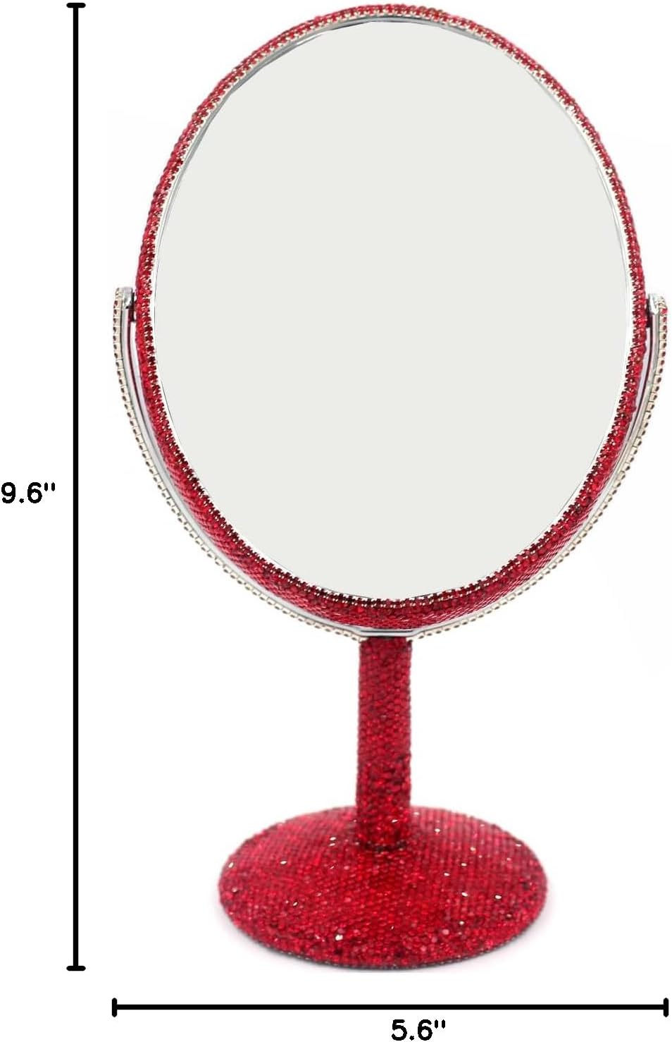 Bling Bling 6-Inch Double-Sided Tabletop Makeup Mirror, Oval Metal Makeup Mirror with 1:2 Magnifying Mirror, Rotating Mirror for Vanity (Red)