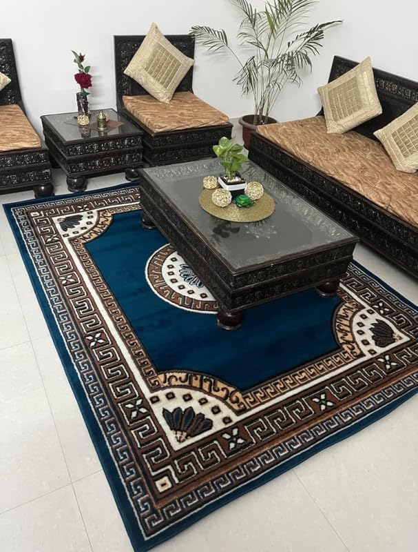 Image of Floral Design Acrylic Polyester Carpet for Living Room 6x8 Feet Color Blue(180x240Cm), Large Rectangle