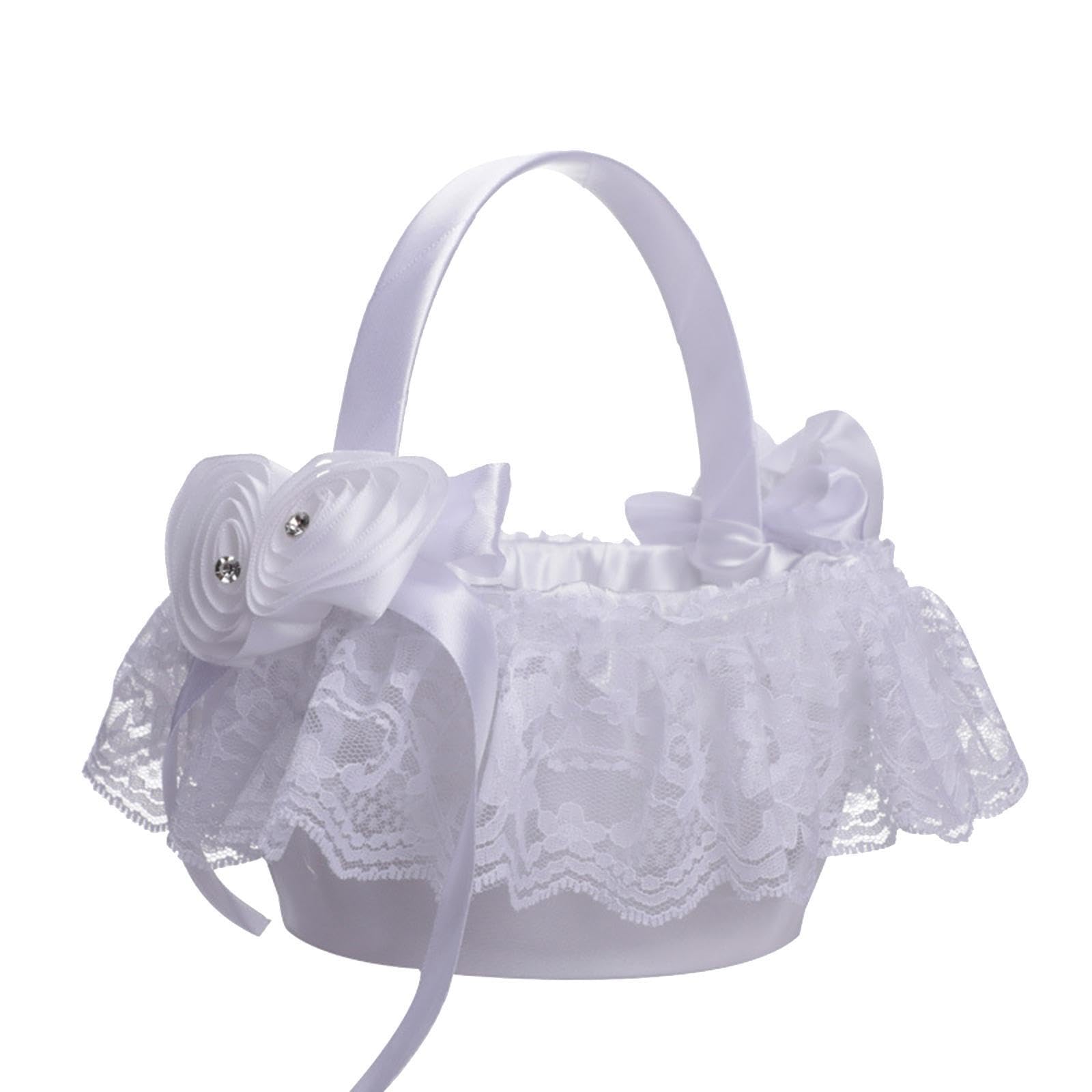 AUYXSSZ Romantic Rustic Flower Girl Basket Wedding Ceremony Beautiful White Satin Holding Snacks And Floral Arrangements Wedding Ceremony Party Supplies Bride