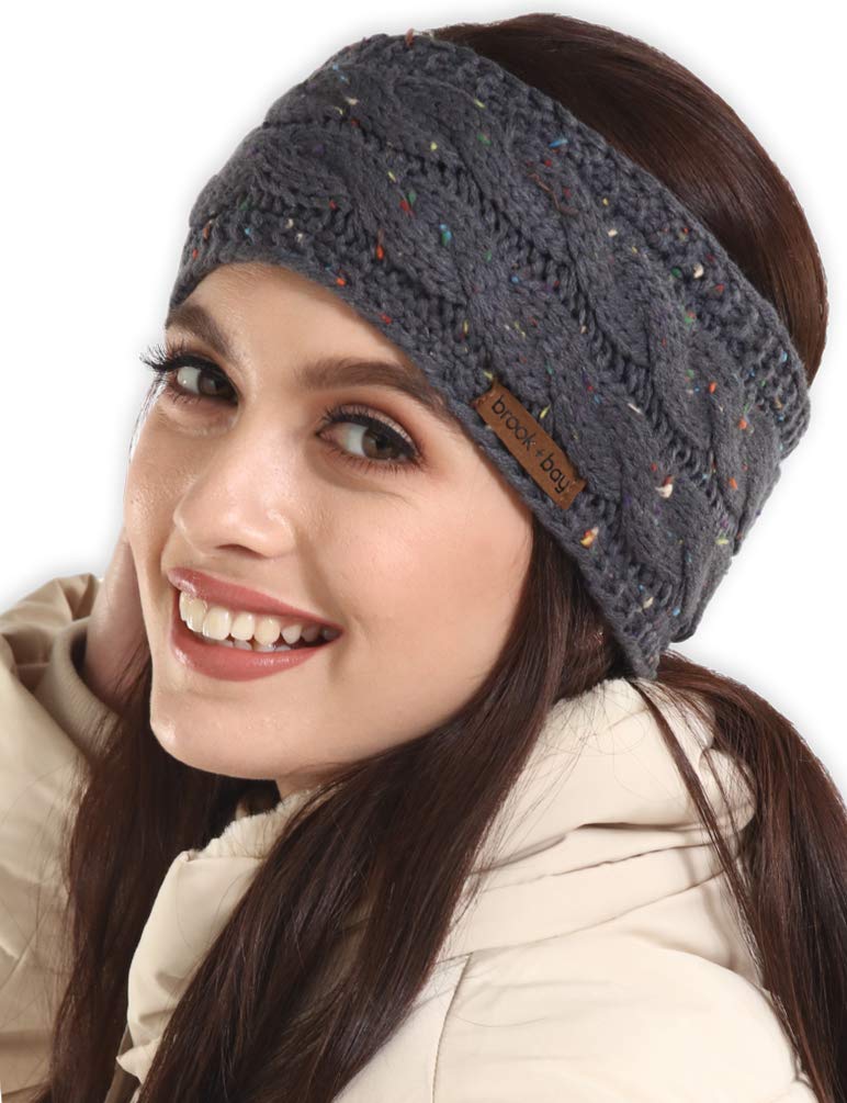 Brook + BayWomens Winter Ear Warmer Headband - Fleece Lined Cable Knit Ear Band Covers for Cold Weather - Soft & Stretchy Head Wrap