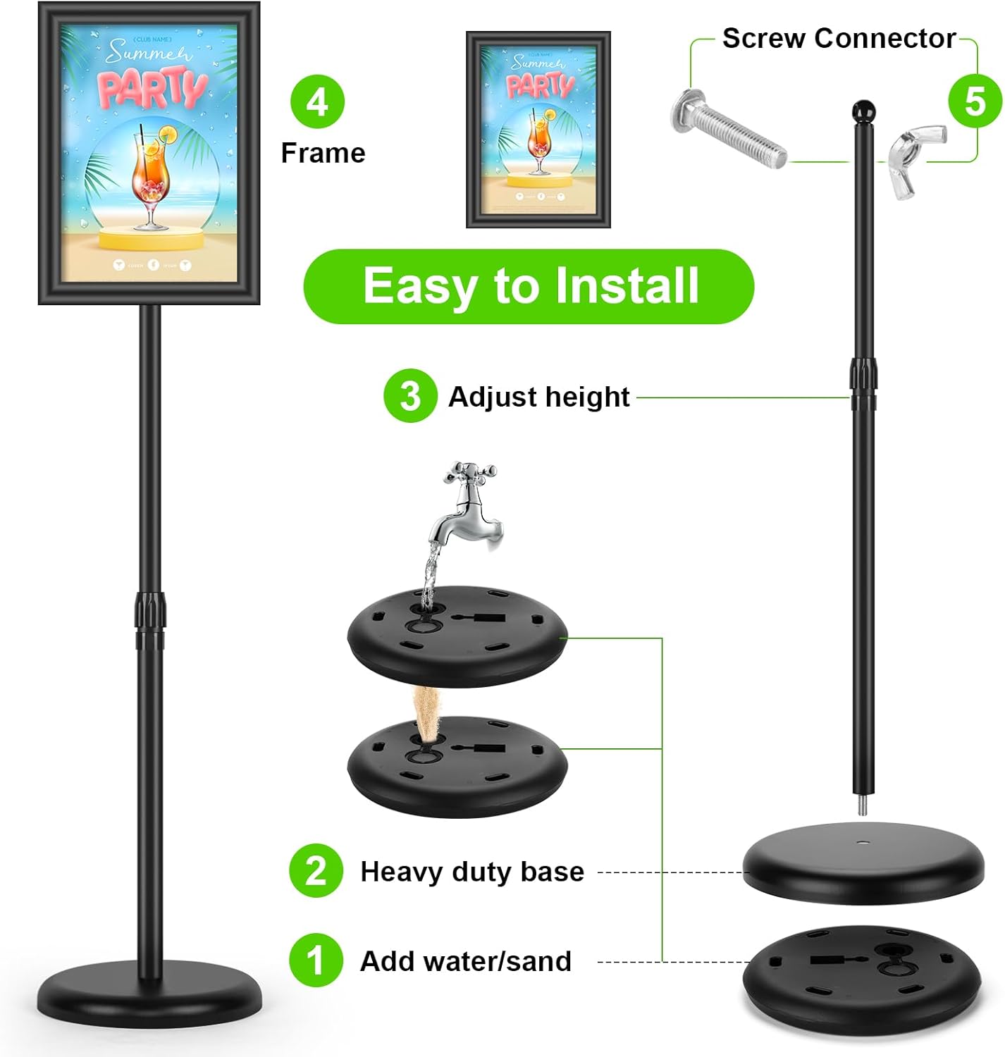 2Pack Sign Holder Display Stand, 8.5x11 inch Adjustable Heavy Duty Base Floor Standing Poster Stand Aluminum Snap Open Frame Horizontal/Vertical Display for Indoor/Outdoor Advertising - Image 6