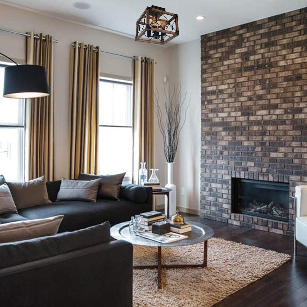 Exclusive Discount 50% Price Beuhouz Industrial Ceiling Light, Square Rustic Semi Flush Mount Cage Lighting, Black Metal and Wood Farmhouse Ceiling Light Fixture 4 Light Edison E26 8042