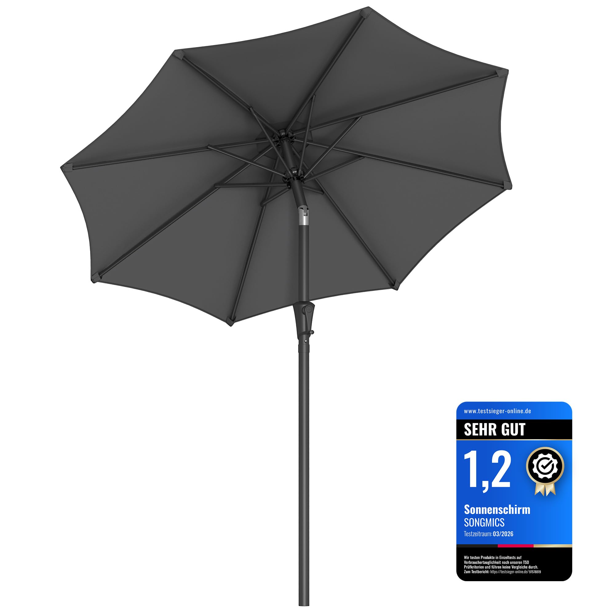 SONGMICS Sonnenschirm 200 cm, UPF 50+, Strandschirm, beidseitig um 30° knickbar, Sonnenschutz, mit Kurbel zum Öffnen/Schließen, für Terrasse, Balkon, Pool, ohne Ständer, grau GPU202G01