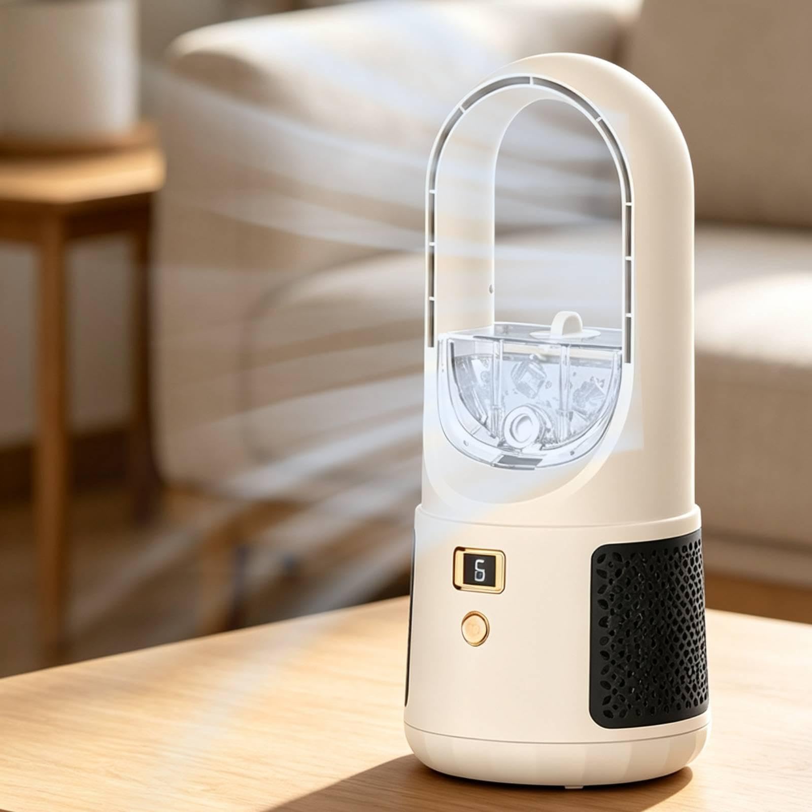 F Fityle Ventilatore da Tavolo con umidificatore, Senza Pale, Ricaricabile Tramite USB, 6 velocità, per Raffreddamento Personale e Portatile, Ideale per la
